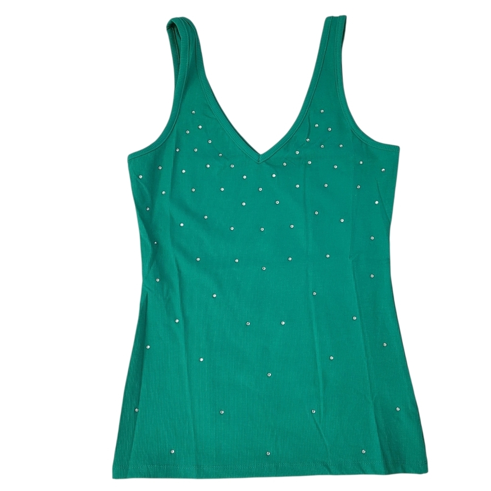 Sleeveless Double V-Neck Tank Top w Rhinestones Green Womens Large Bling - Picture 5 of 9